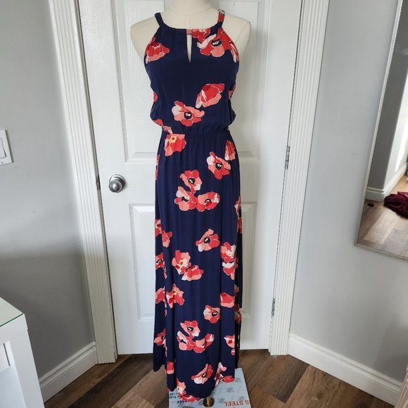 Reitmans Halter Dress, Navy with Red Poppies. Size Medium - Picture 1 of 5